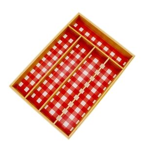 NEW Gingham Print Bamboo Silverware Drawer Organizer Tray 5 Compartment